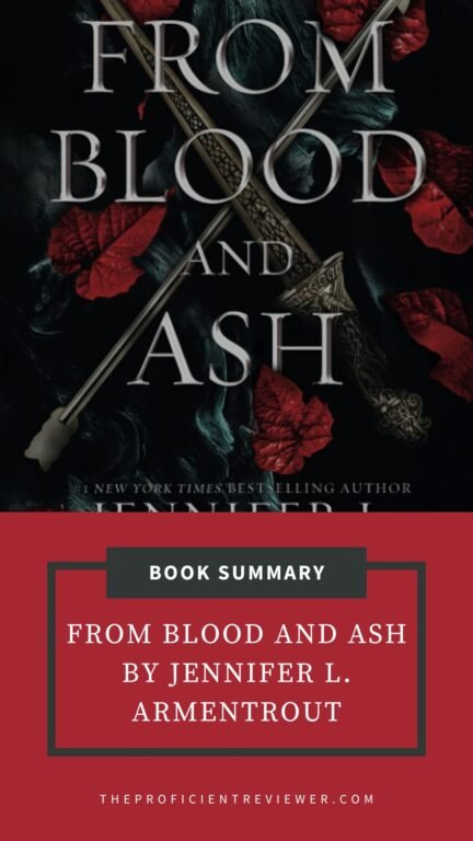 From Blood and Ash by Jennifer L. Armentrout book summary cover graphic featuring crossed swords and red foliage.