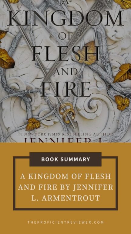 A Kingdom of Flesh and Fire by Jennifer L. Armentrout book summary cover featuring swords, and gold leaves.