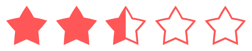 Five red stars displaying a 2.5 out of 5 rating. Two stars are completely filled, one is half-filled, and two are empty outlines.