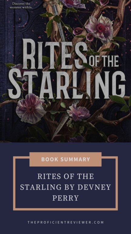 Rites of the Starling by Devney Perry book summary cover graphic, featuring a sword entwined with vines and purple flowers.