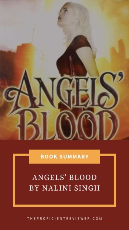 Stylized cover of Nalini Singh’s Angels’ Blood with fiery sky and city skyline, title banner, and book summary label from TheProficientReviewer.com.
