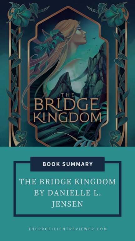 Stylized cover graphic for Danielle L. Jensen’s The Bridge Kingdom book summary, featuring a woman with flowing hair, leaves, mountains, and birds.