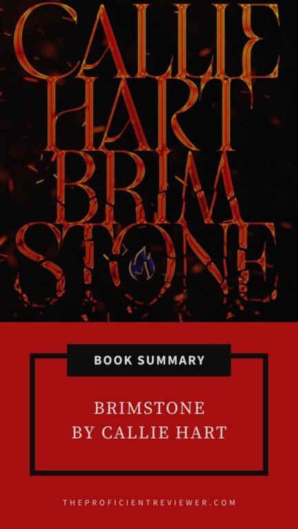 Stylized book summary cover for Brimstone by Callie Hart, with fiery orange glowing title, sparks, and red banner featuring summary text.