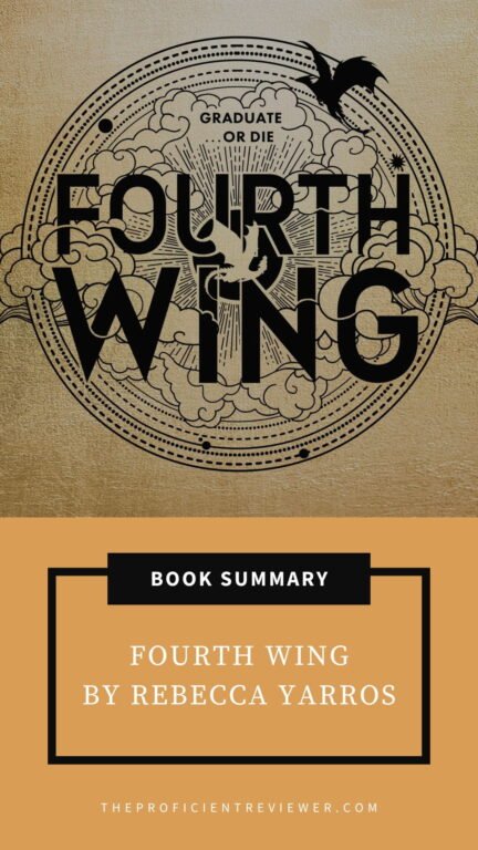 Stylized cover graphic for Rebecca Yarros’s Fourth Wing book summary, featuring dragons, ornate circular design, and the tagline “Graduate or Die.”