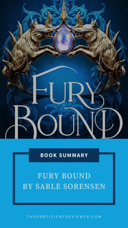 Stylized fantasy book cover with mirrored wolf-like creatures holding a glowing blue gem, title “Fury Bound,” and summary banner below.