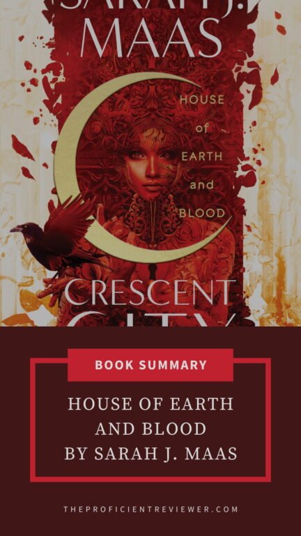 Book cover graphic of House of Earth and Blood by Sarah J. Maas, with red and gold ornate design, crescent moon, raven, and mystical patterns.