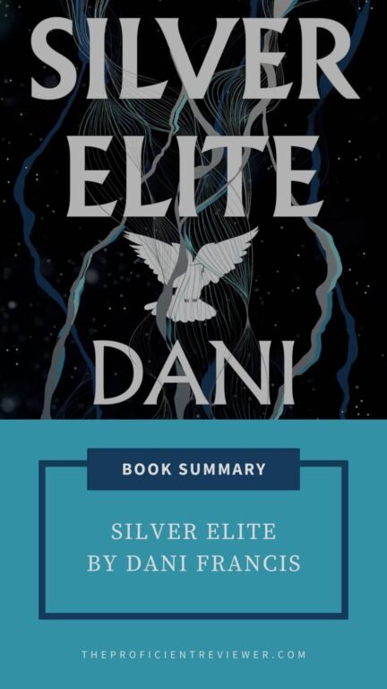 Dark abstract cover with silver bird under title Silver Elite by Dani Francis, blue box below reading Book Summary and site link.