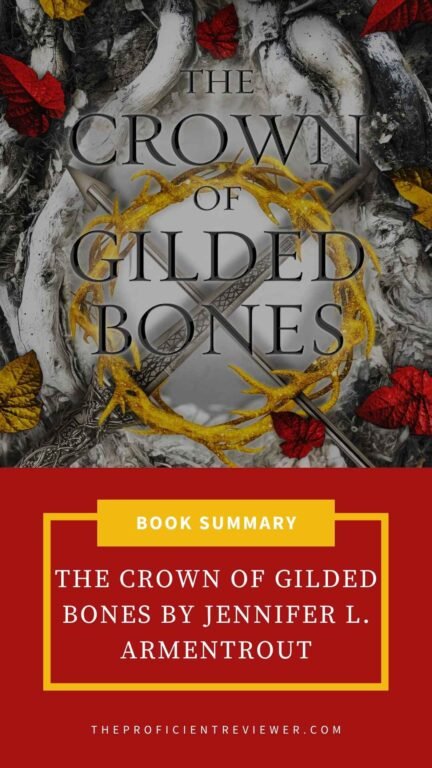 Decorative fantasy book cover for Jennifer L. Armentrout’s The Crown of Gilded Bones book summary featuring a crown, antler branches, and tree roots.