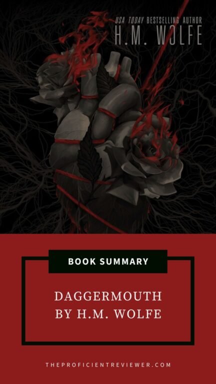 H.M. Wolfe’s Daggermouth book summary poster featuring a stone heart bound by red cords, roses, and fiery energy on a dark background.