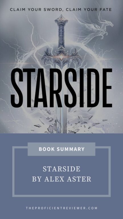 Fantasy-themed book summary graphic featuring a glowing sword, faint dragon outline, and bold title “Starside” by Alex Aster.