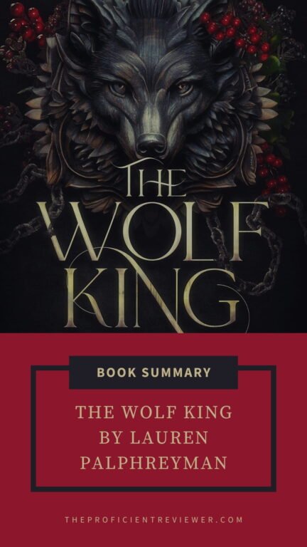 Stylized cover for Lauren Palphreyman's The Wolf King book summary, featuring a wolf’s head, dark foliage, red berries, and bold gold title text.