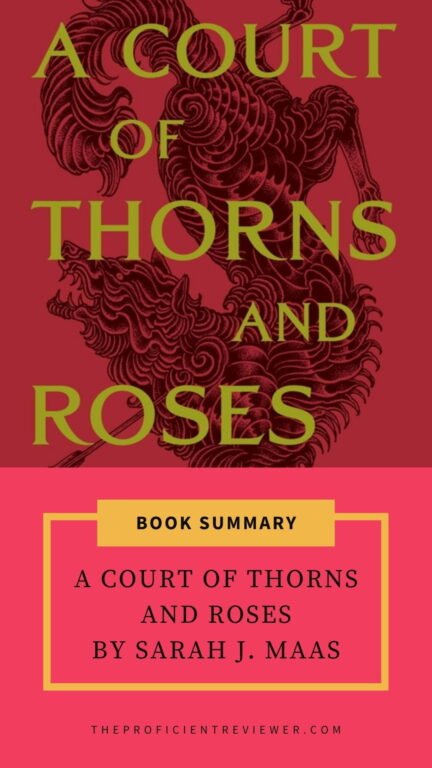 Book summary cover for A Court of Thorns and Roses by Sarah J. Maas, featuring bold title text on a red background with dark floral design.