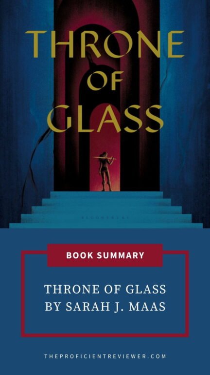 Stylized cover graphic for Throne of Glass by Sarah J. Maas, featuring a lone figure before an arched doorway with dramatic blue and red tones.