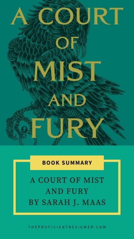 Book summary graphic for A Court of Mist and Fury by Sarah J. Maas, featuring a teal background with an ornate bird illustration.