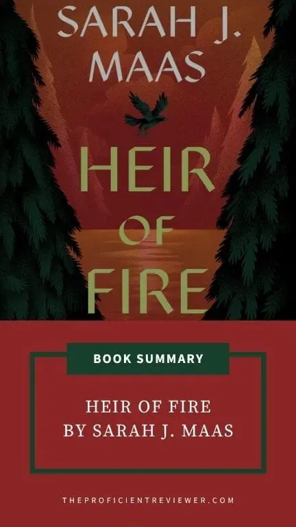 Book summary graphic for Heir of Fire by Sarah J. Maas, featuring dark pine trees, a fiery red sky, and a bird in flight over the title.