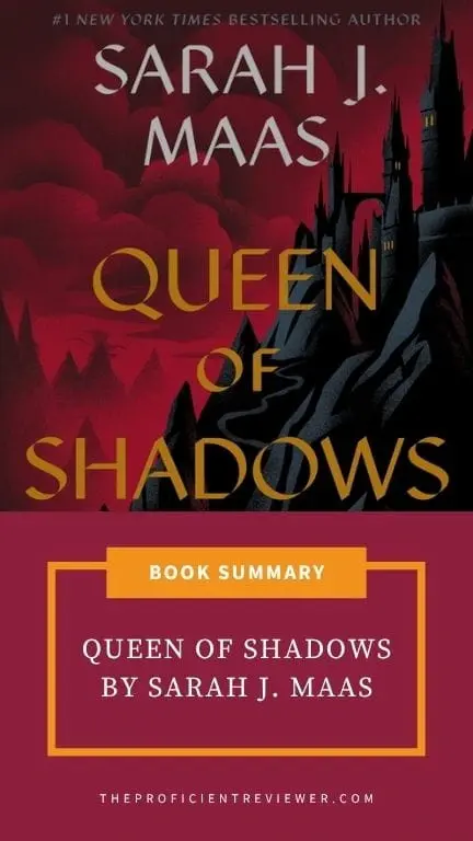 Book summary graphic for Queen of Shadows by Sarah J. Maas, featuring the novel's cover with a dark castle against a crimson sky.