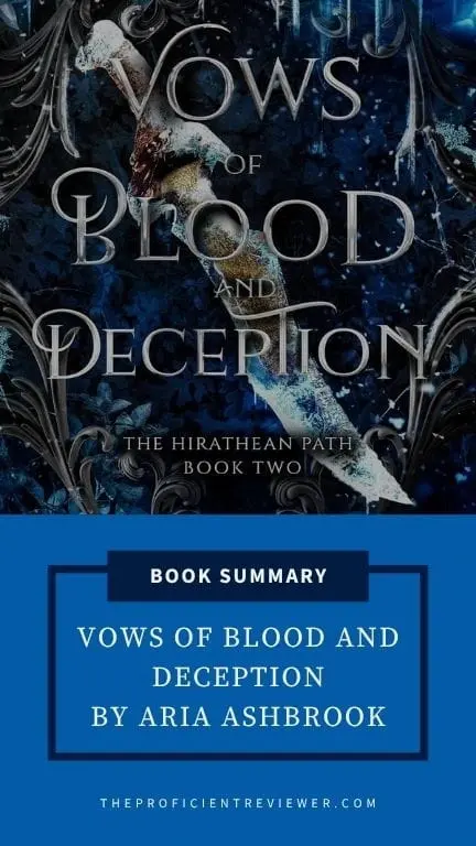 Book summary graphic for Vows of Blood and Deception by Aria Ashbrook, featuring a bloodied dagger over a dark fantasy background.
